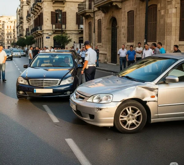 A realistic photo of a minor car accident in a Lebanese city, showing a traffic police officer speaking to the drivers. The focus is on the damaged third-party car.