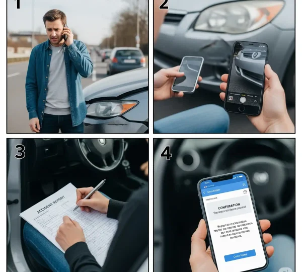A four-panel image illustrating the car insurance claims process, showing a person making a phone call, documenting damage with a phone camera, filling out an accident report, and receiving a claim confirmation