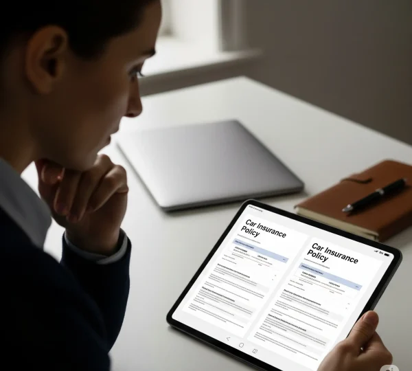 A person is thoughtfully comparing two different car insurance policy summaries on a tablet, symbolizing the process of choosing the right plan