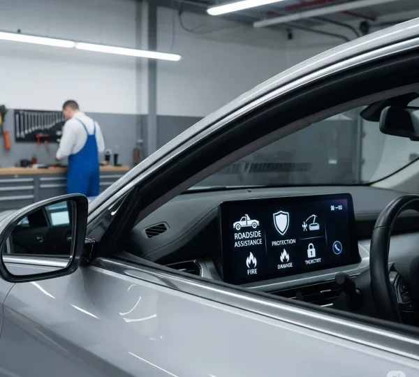 A realistic photo of a modern silver car in a garage, with icons on its dashboard representing comprehensive insurance benefits like roadside assistance, fire damage, and theft protection