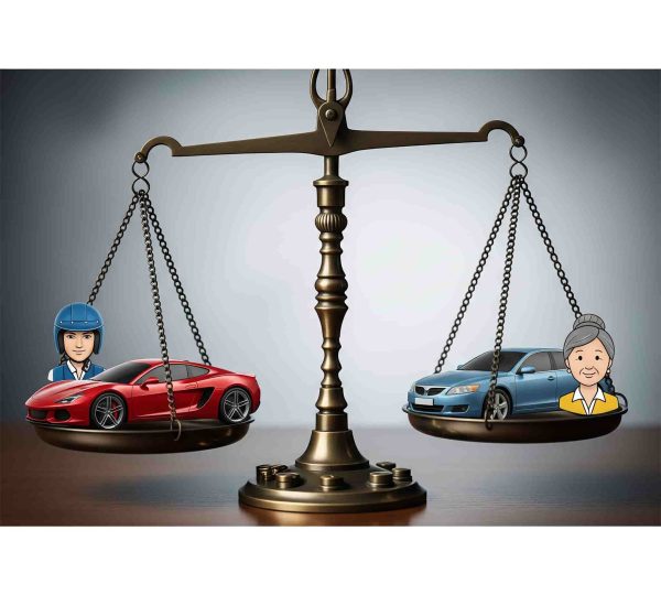 An illustration of a balanced scale. On one side, there is a sports car and a young male driver, and on the other, a family car and an older female driver, representing the factors that influence car insurance premiums