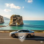 Silver car driving on a coastal road in Beirut, Lebanon, with the iconic Raouche Rock (Pigeon Rocks) in the background, overlaid with a transparent shield and checkmark symbolizing car insurance protection.