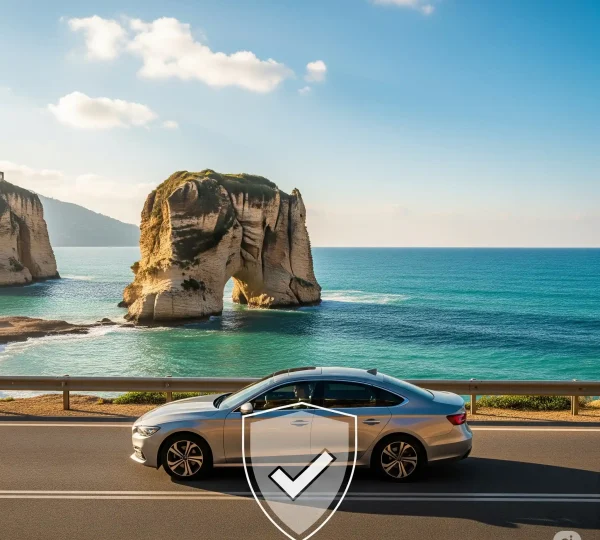 Silver car driving on a coastal road in Beirut, Lebanon, with the iconic Raouche Rock (Pigeon Rocks) in the background, overlaid with a transparent shield and checkmark symbolizing car insurance protection.