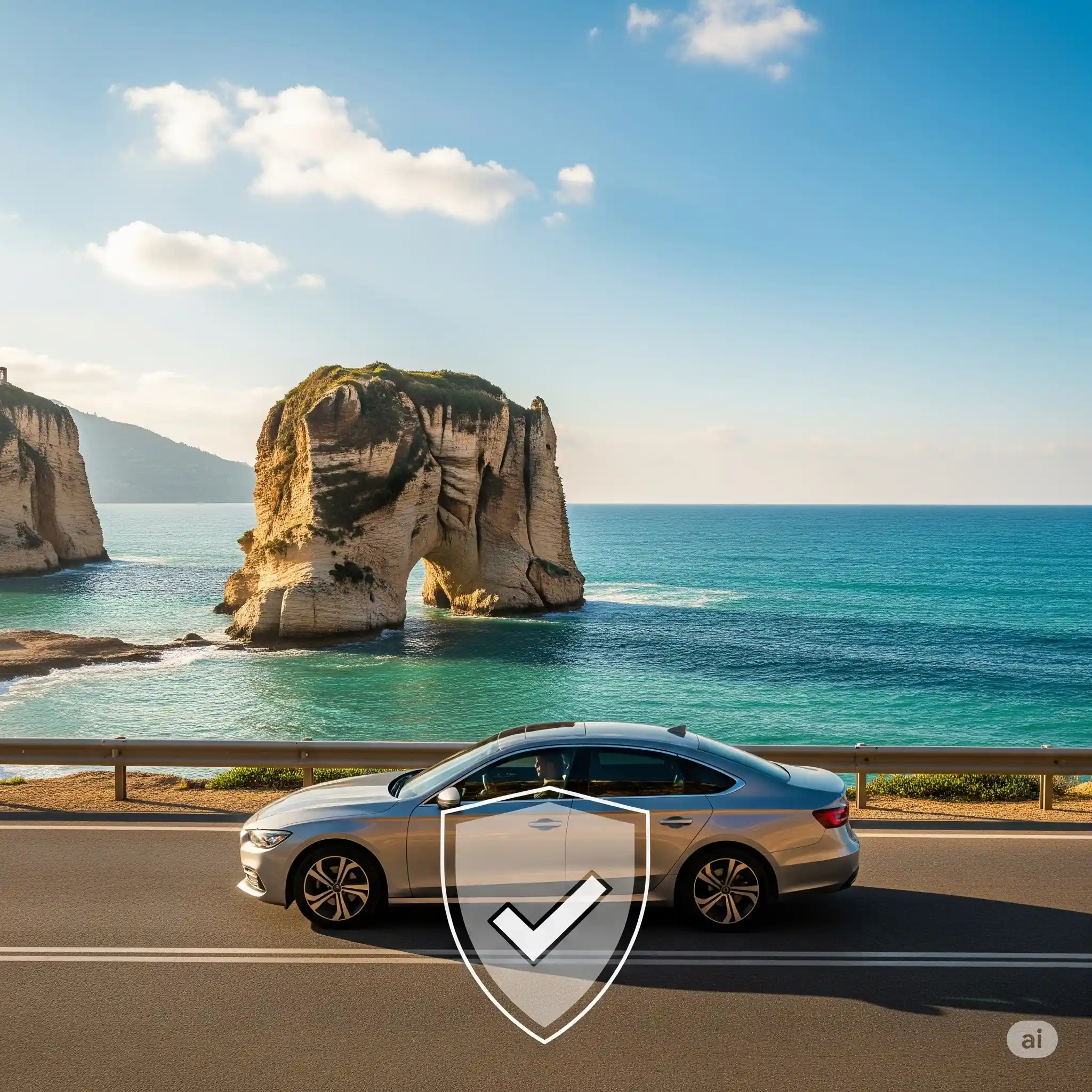 Silver car driving on a coastal road in Beirut, Lebanon, with the iconic Raouche Rock (Pigeon Rocks) in the background, overlaid with a transparent shield and checkmark symbolizing car insurance protection.