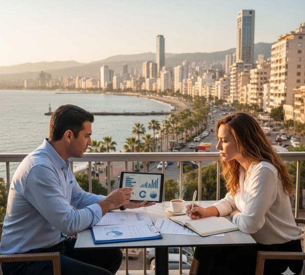 Man and woman discussing life insurance options in Beirut