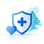 "Hero image showing medical insurance protection concept with a shield, Lebanon map outline, and healthcare icons representing the 10 best medical insurance companies in Lebanon."