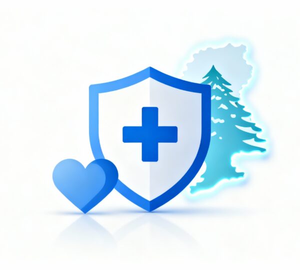 "Hero image showing medical insurance protection concept with a shield, Lebanon map outline, and healthcare icons representing the 10 best medical insurance companies in Lebanon."