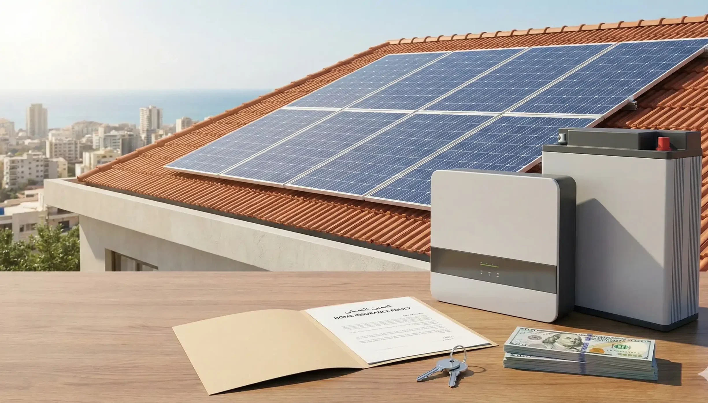 Solar panels and inverter system covered by home insurance in Lebanon, symbolizing protected energy investments.