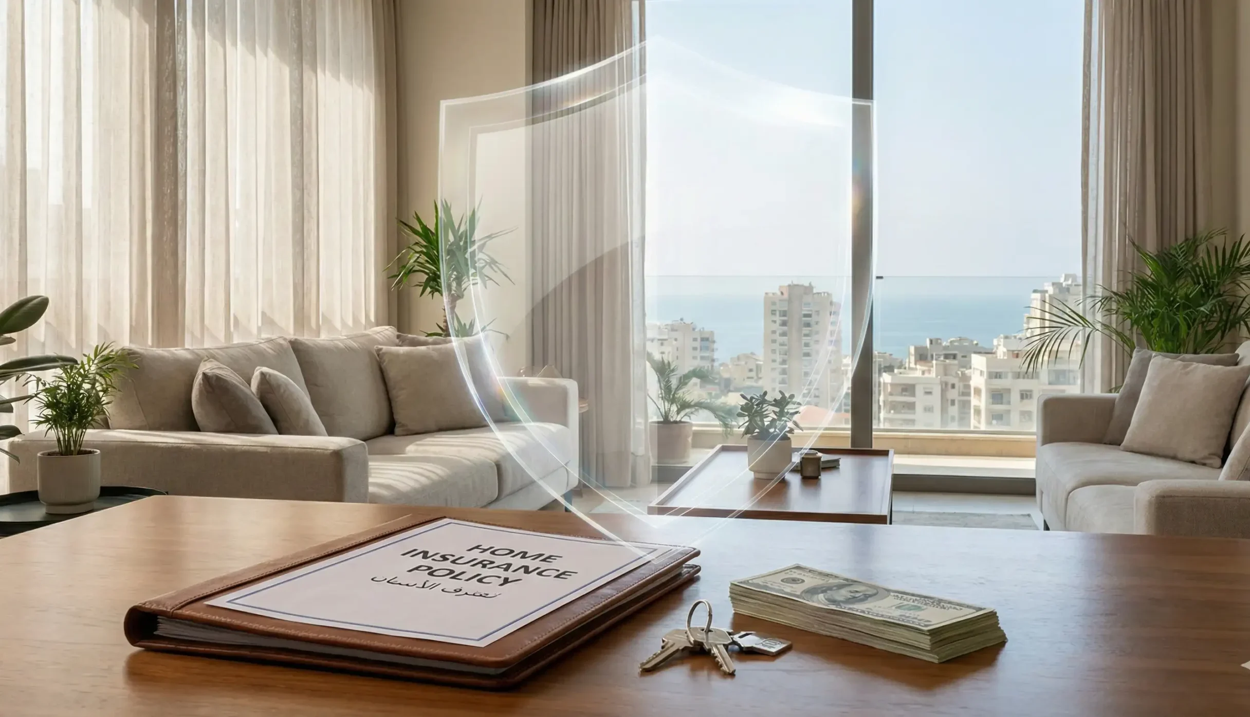 Home insurance coverage in Lebanon illustrated by insurance policy documents, house keys, and fresh US dollars inside a modern Beirut apartment.