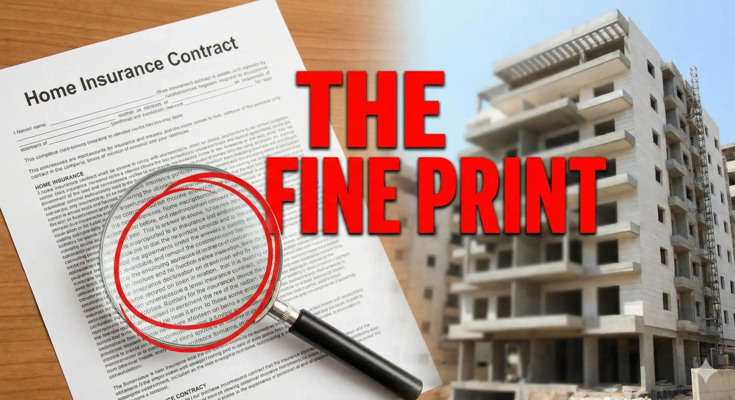 Magnifying glass highlighting the fine print and hidden clauses on a home insurance contract in Lebanon.