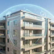 Modern Lebanese residential building protected by a digital shield, representing home insurance coverage in Lebanon for 2026