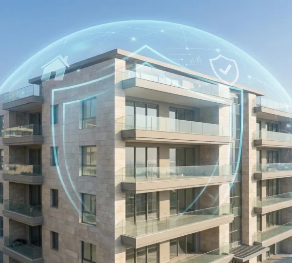 Modern Lebanese residential building protected by a digital shield, representing home insurance coverage in Lebanon for 2026