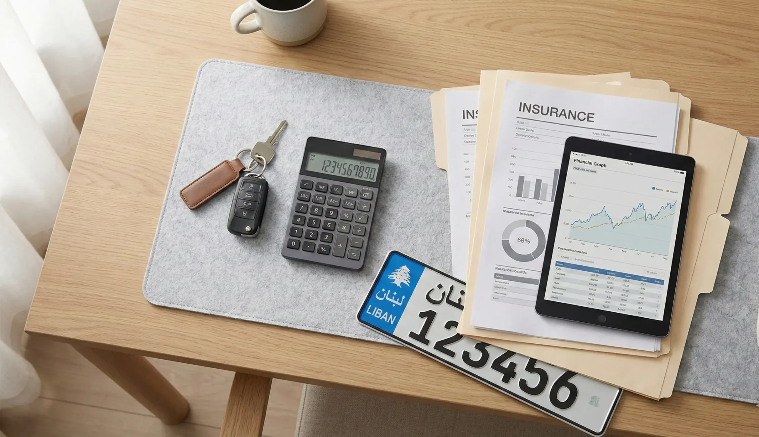 Calculator and car documents showing factors affecting car insurance price in Lebanon