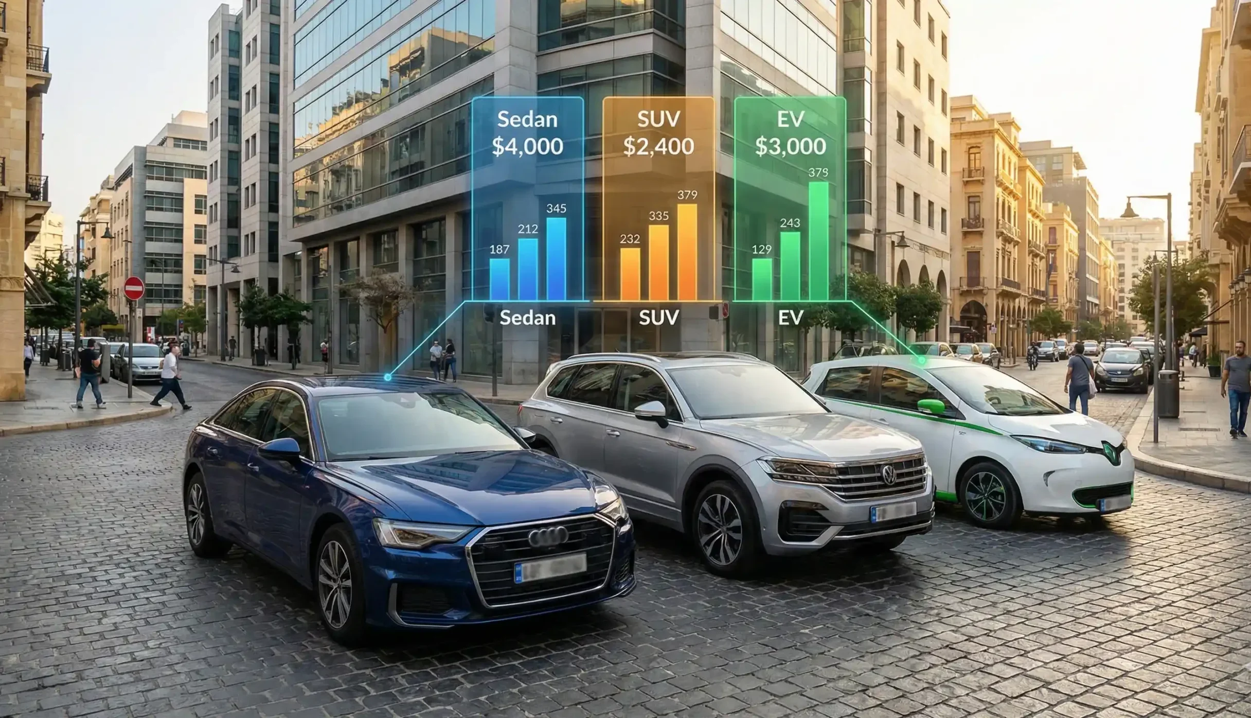 Car insurance cost comparison in Lebanon showing sedan, SUV, luxury, and electric vehicles in 2026