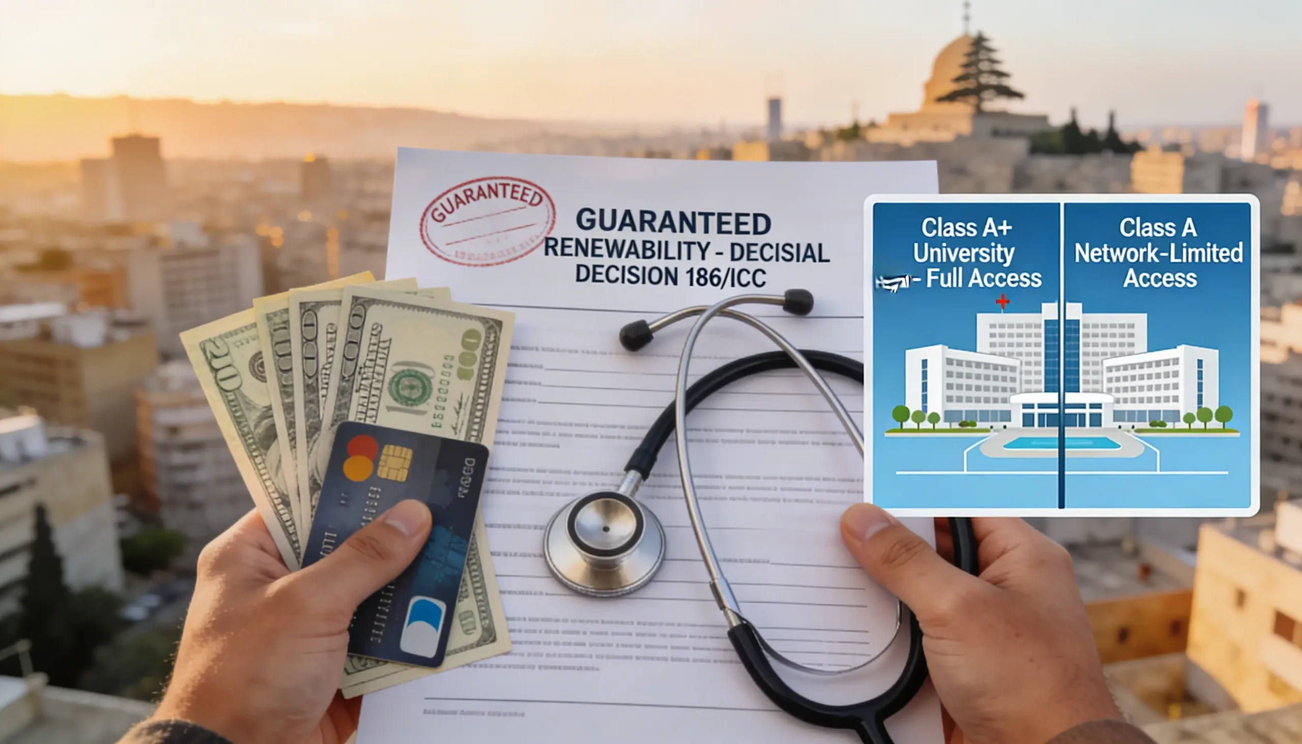 Health insurance Lebanon 2026 policy document showing Guaranteed Renewability stamp and Fresh USD premiums.