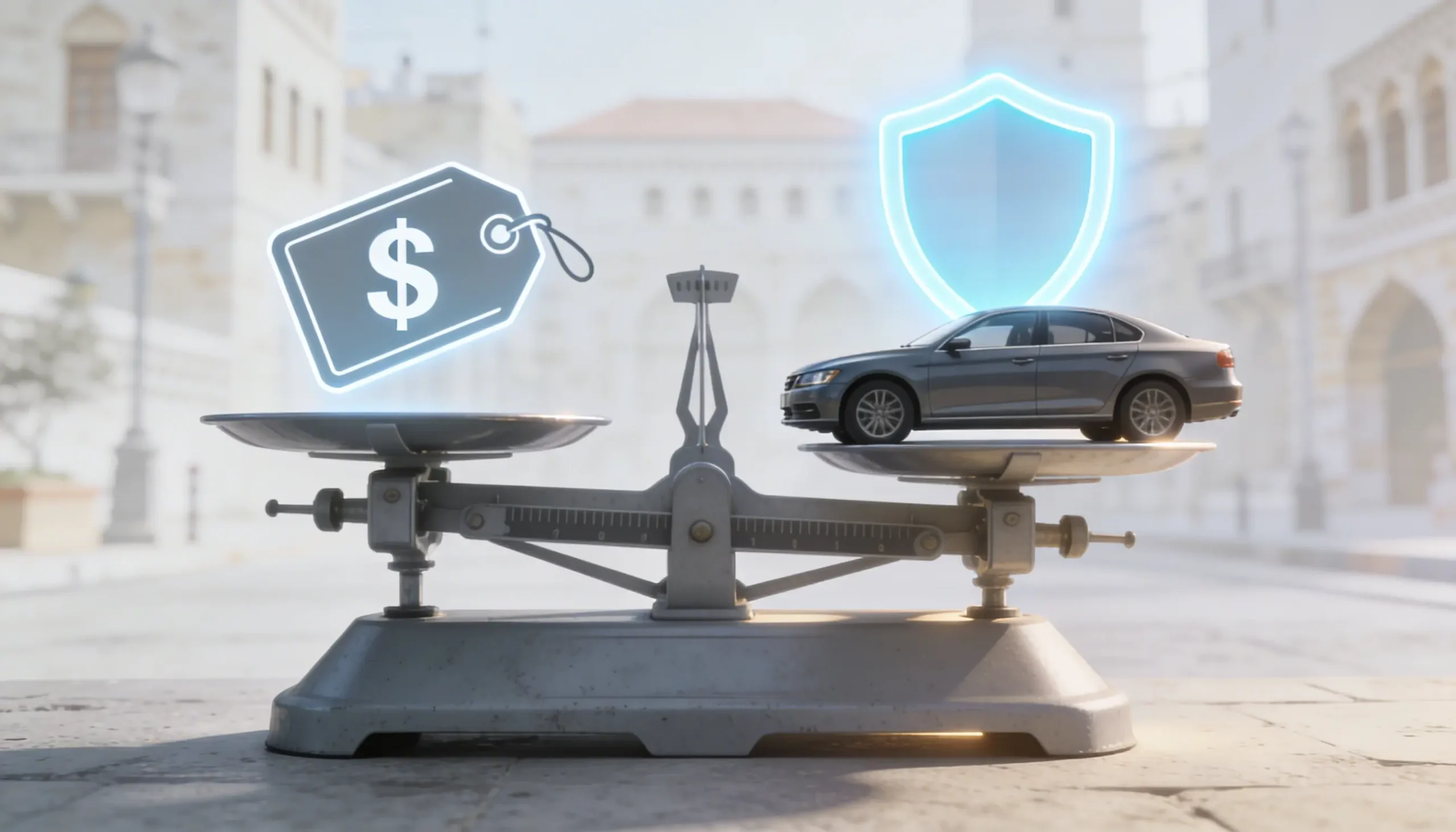 Balance scale comparing low price and insurance protection for car insurance in Lebanon