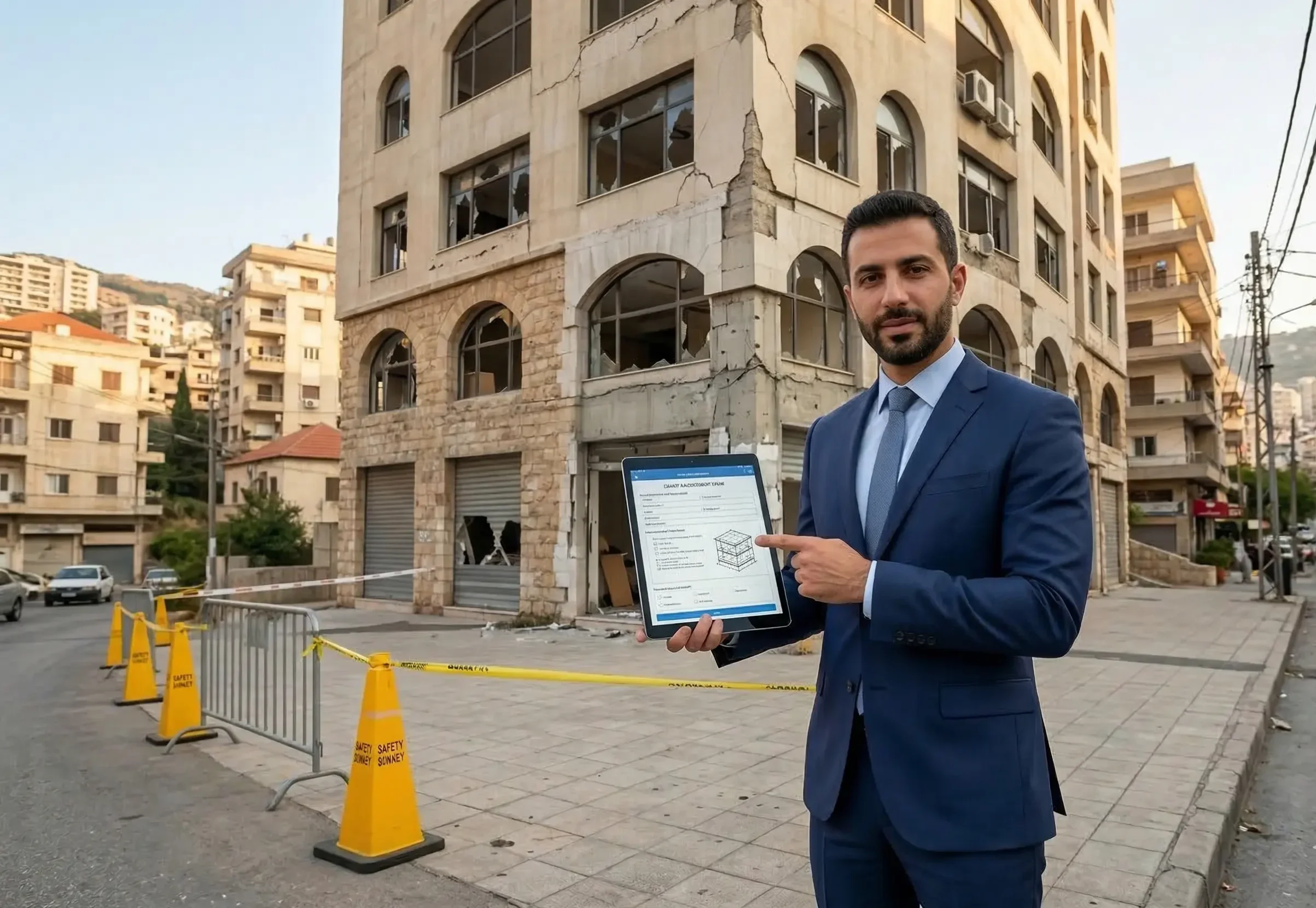 Insurance expert assessing a commercial building in Beirut for property damaged by war Lebanon claims.