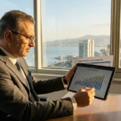 Business Interruption Insurance Lebanon: Financial expert calculating corporate revenue losses and commercial claims in a Beirut office.