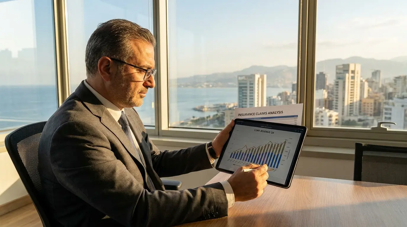 Business Interruption Insurance Lebanon: Financial expert calculating corporate revenue losses and commercial claims in a Beirut office.