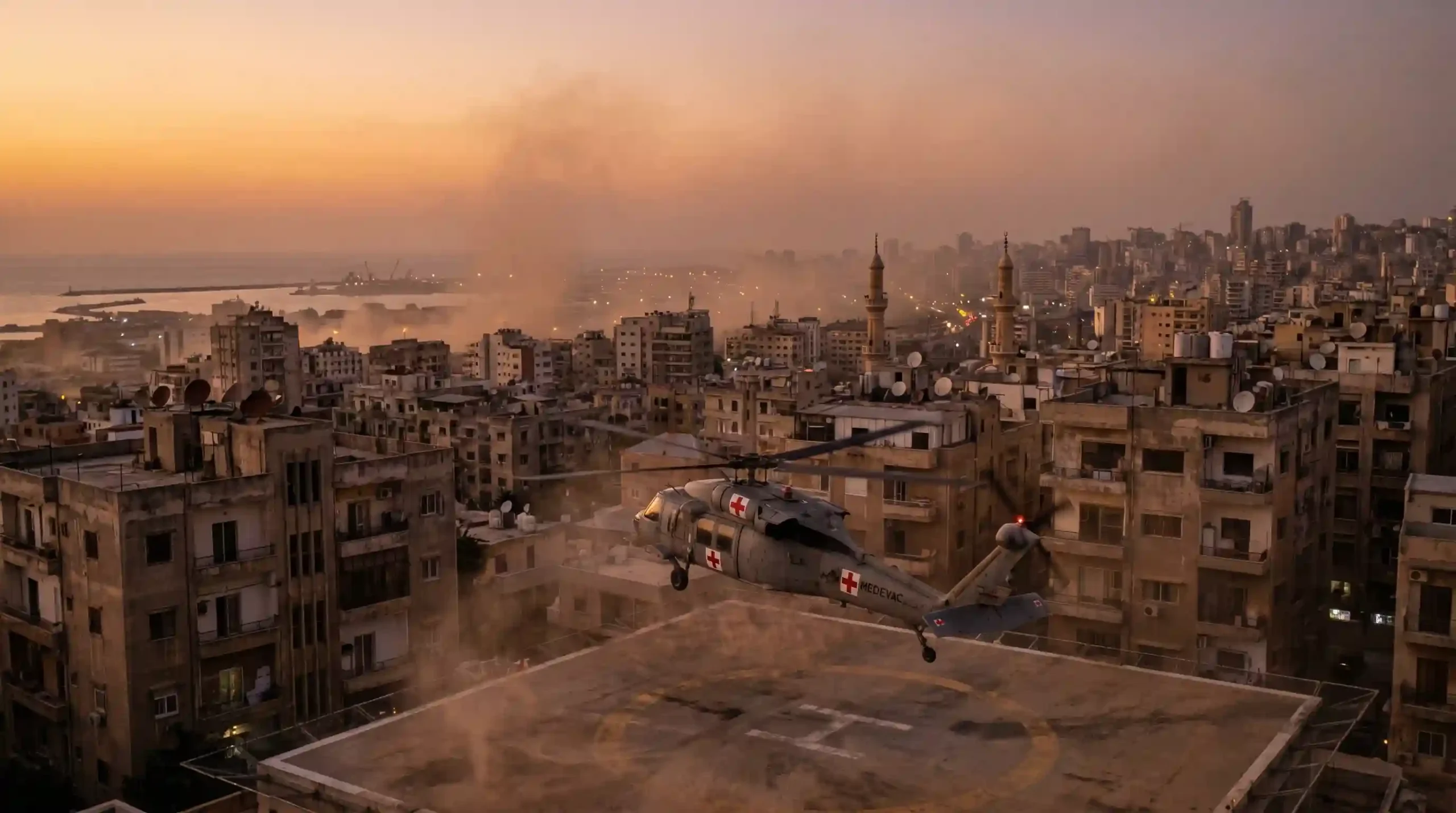 Expat evacuation insurance Lebanon: A medical evacuation helicopter preparing for a security extraction during a crisis in Beirut.